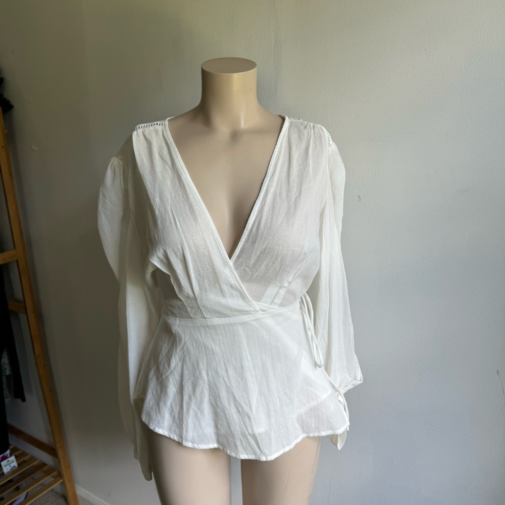 Rollas Sheer Wrap long sleeve blouse in white